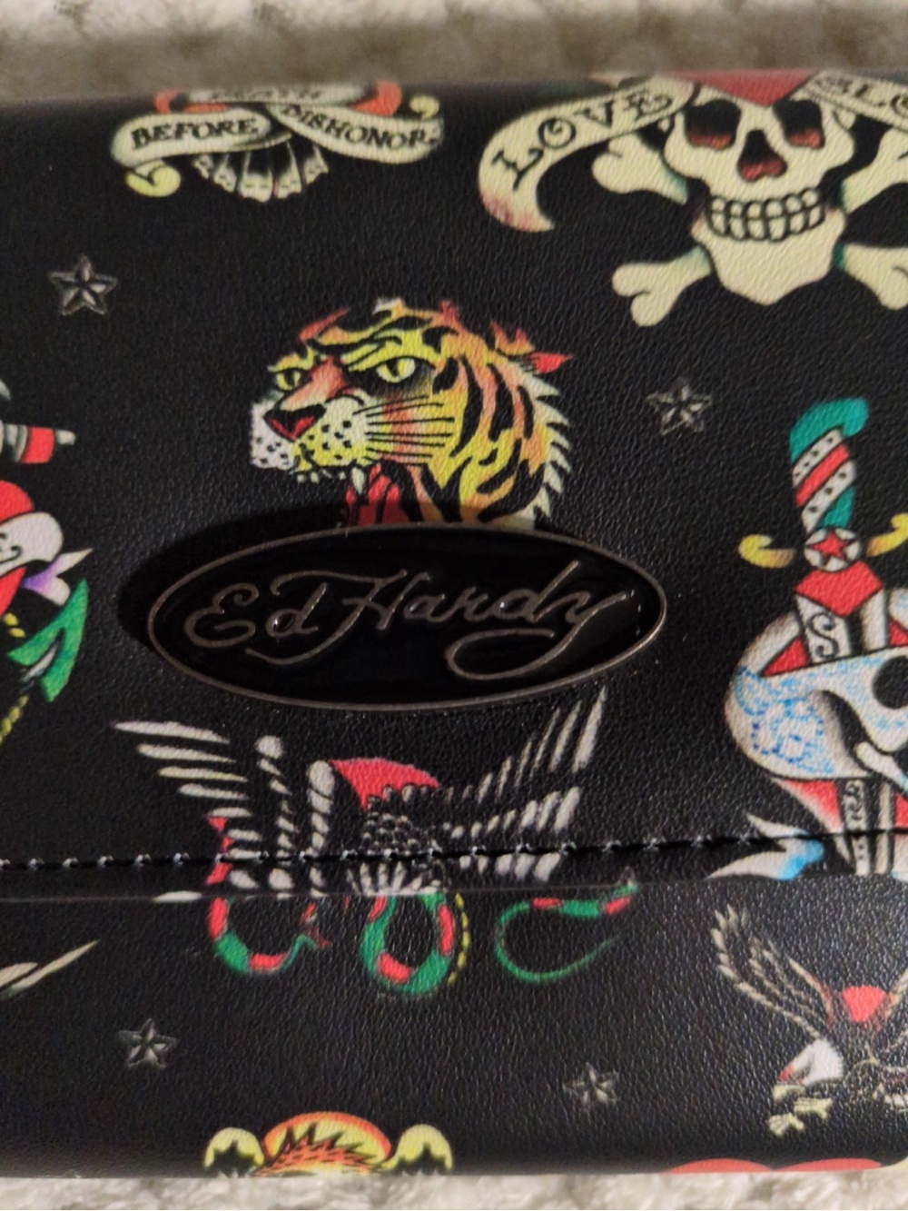 Ed Hardy Black Leather Clutch with Multicolor Tattoo Motifs - Picture 2 of 2
